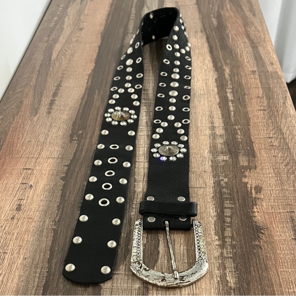 Leather Rock USA Studded Black Leather Belt genuine leather with Loop Accessory